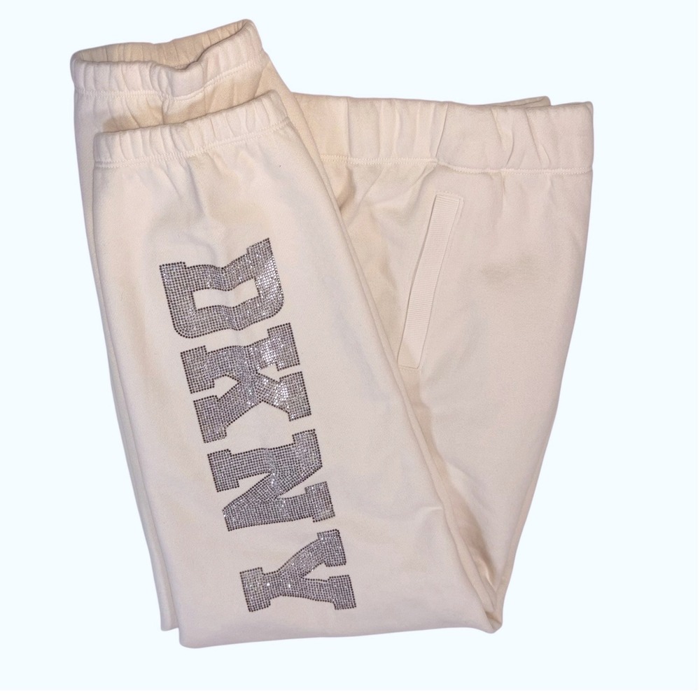 DKNY Sport Joggers XL Cream Rhinestone Logo High Rise Fleece Sweatpants